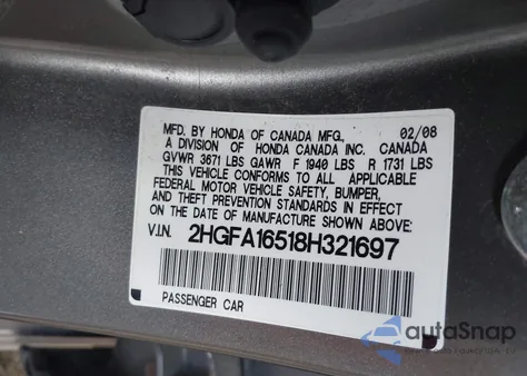 2008 Honda Civic Lx из США, поврежденный, VIN 2HGFA16518H321697